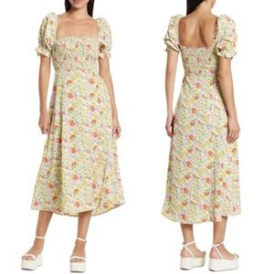 ASTR Floral Puff Sleeve Smocked Midi Dress Cottagecore Square Neck Wedding Guest